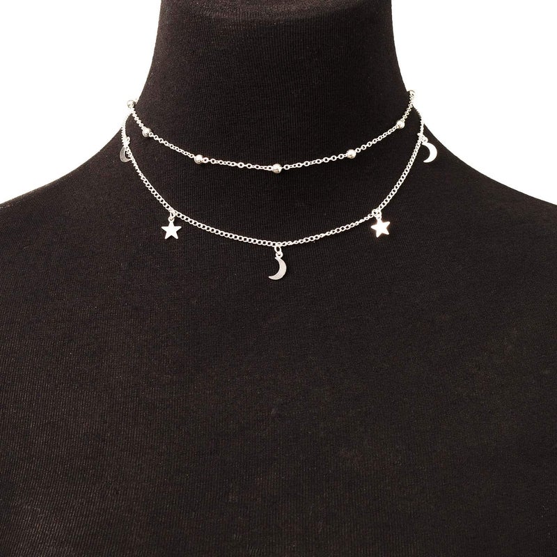 BaubleStar Fashion Layering Star Moon Charm Pendant Tassel Necklace Silver Chain Choker Collar Multi Layered Statement Jewelry Women - Image 2